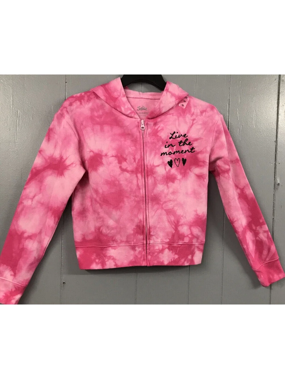 Justice Hoodie. Pink Tye Dye. “Live in the Moment” on Chest. Size Girls 10. NWT